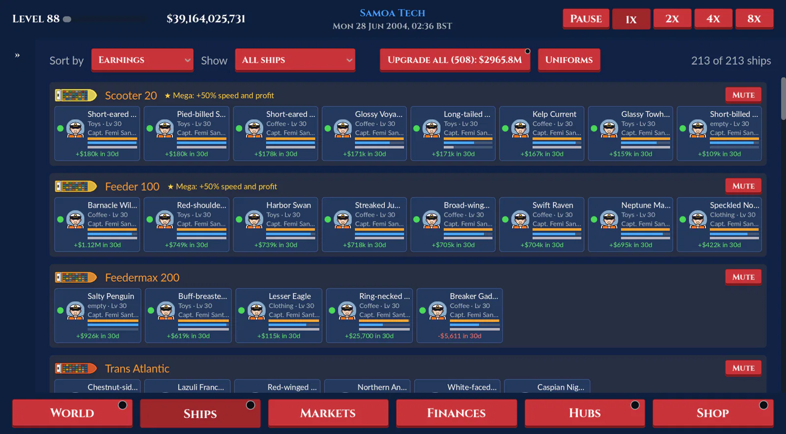 The Ships screen showing a fleet of 213 ships grouped by model