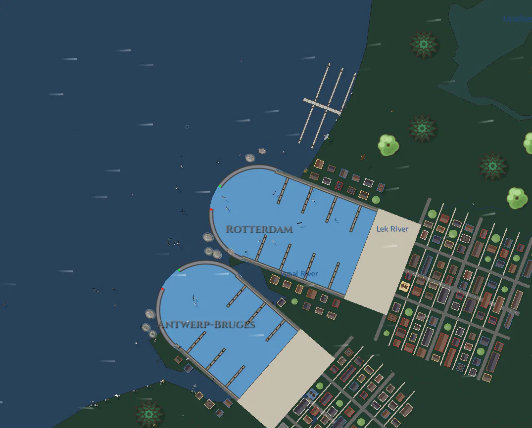Rotterdam and Antwerp-Bruges: marinas with piers, quays and towns