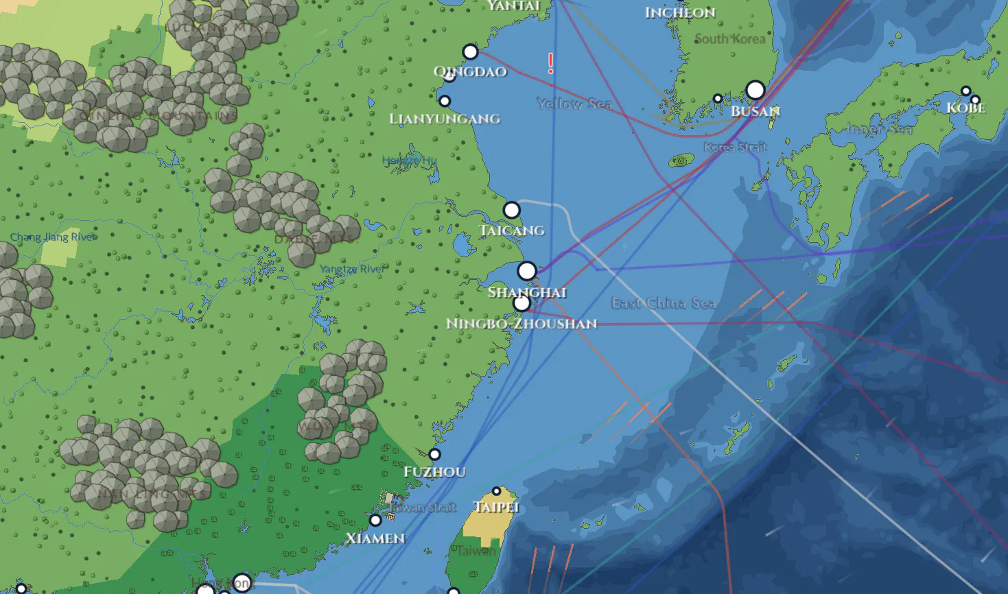 Trade lanes criss-crossing the East China Sea between Shanghai, Busan and Kobe